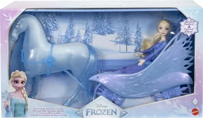 A toy set featuring Elsa from Frozen and her ice horse-drawn carriage, presented in its retail packaging.
