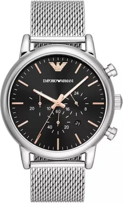 A close-up, front-facing studio shot of an Emporio Armani analog watch with a black dial and a silver mesh strap.