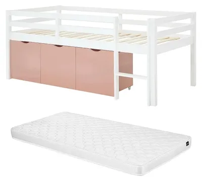 Produktbild von Halbhohes Bett 90 x 190 cm – Mit Stauraum + Matratze – Kiefer & MDF – Weiß/Rosa – LANIORI