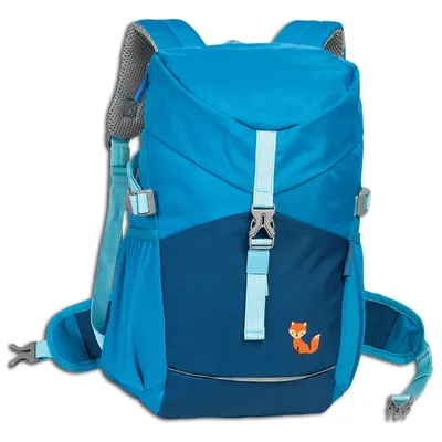 A blue backpack with a fox graphic on a white background.