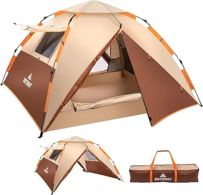 Produktbild von Camping Zelt, Pop Up Zelt 3 Personen Familie Kuppelzelt Wasserdicht Winddicht mit 2 Mesh-Tür, 2 Mesh-Fenster, 2 in 1 Doppelschichten, Tragetasche für Camping Wandern Backpacking