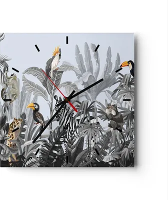 Produktbild von Wanduhr - Quadrat - Glasuhr - Dschungel Tiere Tukane - 30x30cm - Schleichendes Uhrwerk - Lautlos - zum Aufhängen bereit - Dekoration Modern - Wanddekoration aus Glas - C3AC30x30-4662