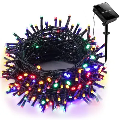 A coiled string of colorful LED lights with a solar panel stake.