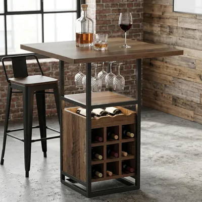 Immagine prodotto di Tavolino bar con spazio contenitivo, 95 cm di altezza, struttura in legno, base in metallo, portabicchieri, scaffali per vino, ripiani, ideale per cucina o soggiorno