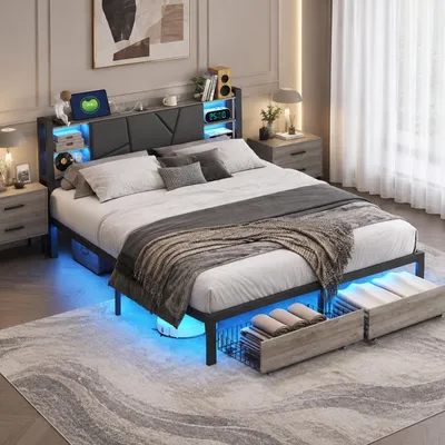 Produktbild von INONEFT Metallbett 160x200cm mit LED und USB, Doppelbett, Stauraumbett mit 2 Schubladen und Stauraum-Kopfteil, Jugendbett mit Lattenrost, PU, schwarz