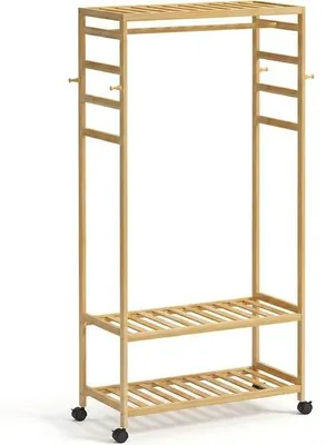 Productafbeelding van Kledingrek op rolpoten, open bamboe kast met kapstok en schoenenopberger, 1 stang, 4 haken, ideaal voor entree, woonkamer, slaapkamer, 7