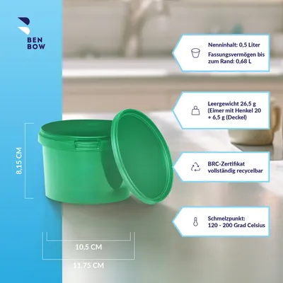 Produktbild von BenBow Eimer mit Deckel 0,5L x100 Grün - lebensmittelecht, stabil, luftdicht, auslaufsicher, geruchsneutral - Plastikeimer mit Henkel - leer