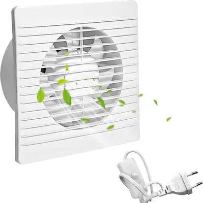 Produktbild von Badventilator, Durchmesser 100 mm, Wandventilator – Abluftventilator für das Badezimmer mit Kabelschalter – Wandmontierter Toilettenventilator, geräuscharm, leise, geringer Energieverbrauch, weiß