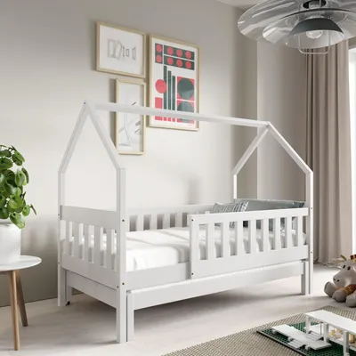 Produktbild von Masseno Kinderbett BAMBINA 80x160 cm mit Rausfallschutz, Einzelbett für Mädchen und Jungs, Hausbett für Kinder, Holz, Weiß