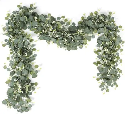 Produktbild von 2 kunstslingers mit Eukalyptus, Weidenblättern, grünen Blättern und weißen Blumen - für Hochzeit, Dekoration und Tischdeko