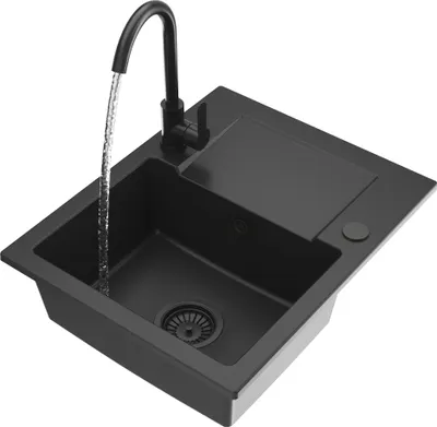 A black kitchen sink with a faucet running water.