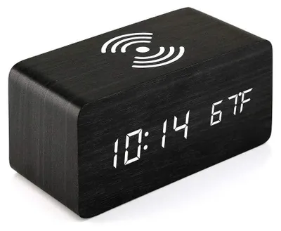Produktbild von Holzwecker Mit Qi-Ladefunktion, Digitale LED-Uhr Mit Temperaturanzeige, Für Schlafzimmer Und Büro
