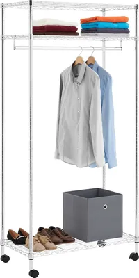 Produktbild von Garderobenwagen BRINDISI, 3 Ablageflächen & Kleiderstange - mobiler, Kleiderständer auf Rollen [150kg Traglast], Rollgarderobe, chrom