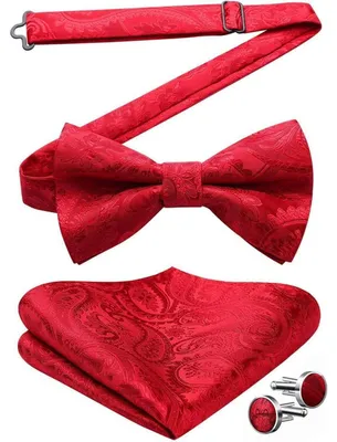 Productafbeelding van Herenset met vlinderdas en zakdoek, inclusief manchetknoopjes, rood, paisley-print