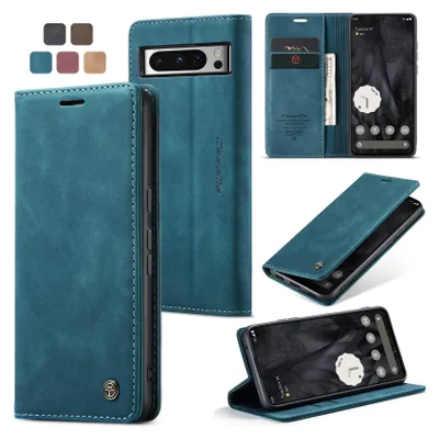 A collage of images showcasing a dark cyan blue leather flip case for a Google Pixel 8 Pro phone, with different angles and views of the product, including a small swatch of available colors.