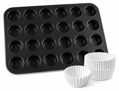 Produktbild von 24 Tassen Mini-Muffinform Antihaft-Kohlenstoffstahl Mini-Cupcake-Backblech Mit 500 Pack Weißen Einweg-Cupcake-Förmchen