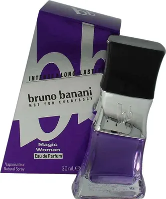 A bottle of Bruno Banani Magic Woman Eau de Parfum and its packaging are displayed against a white background.