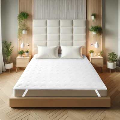 A bedroom scene with a bed, headboard, and nightstands.