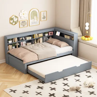 Produktbild von okwish Schlafsofa Daybett 90x200cm mit Ausziehbarem Unterbett 90x190cm und Lattenrost, Tagesbett Gästebett Jugendbett mit USB und mehreren Ablagefächern(Ohne Matratze)- grau