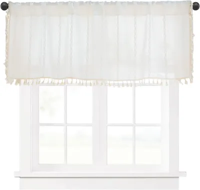 Image de Rideau court avec franges - Rideau de cuisine semi-transparent - Chambre à coucher - Salle de bain - Porte-fenêtre - Blanc