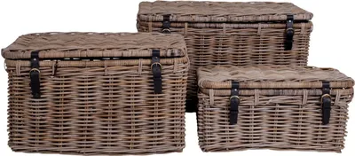 Three wicker storage trunks of varying sizes are arranged together against a white background.