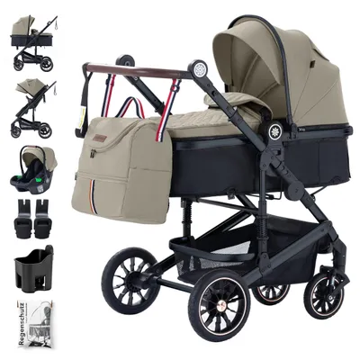 Produktbild von Daliya® NEOMOVE 3in1 Kinderwagen | mit i-Size Babyschale & Buggy | Alu-Rahmen Reisekinderwagen | Kombikinderwagen mit großen Einkaufskorb | für Stadt und Gelände | Sicher & Komfortabel (Rahmen: Schwarz, Stoff: Beige)