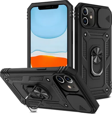 Produktbild von iPhone 11 Hülle, Schiebe Kamera Schutz Robust Rüstung Stoßfest Schutzhülle mit Ringhalterung Ständer Kartenhalter für iPhone 11 Schwarz