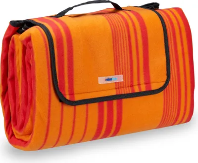 Produktbild von Relaxdays Picknickdecke Fleece, wasserdichte Outdoordecke, wärmeisoliert, Tragegriff, XL 200x200cm, orange-rot gestreift