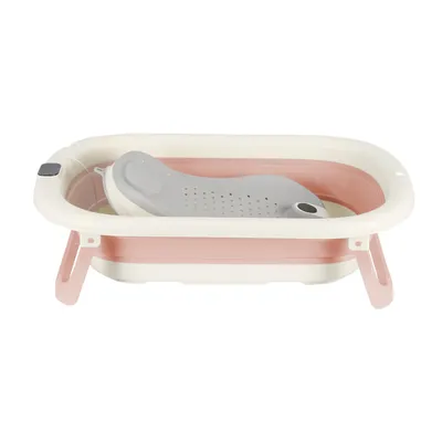 A foldable baby bathtub with a support cushion inside, shown against a white background.