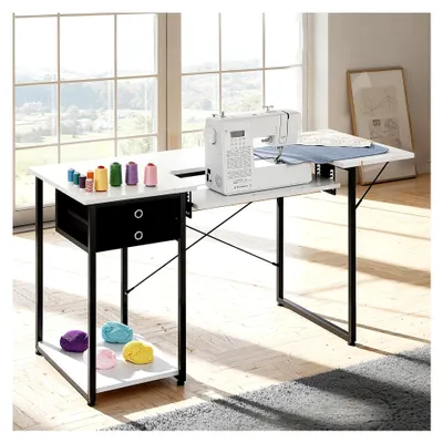Produktbild von Nähtisch mit klappbarer Tischplatte, verstellbarem Regal, Stahlbeinen und Schublade, Mehrzwecktisch für Zuhause, Modestudio, Kunststudio und Bildungseinrichtungen