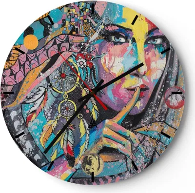 Produktbild von Wanduhr - Rund - Glasuhr - frau folklore - 40x40cm - Schleichendes Uhrwerk - Lautlos - zum Aufhängen bereit - Dekoration Modern - Wanddekoration aus Glas - C3AR40x40-3427