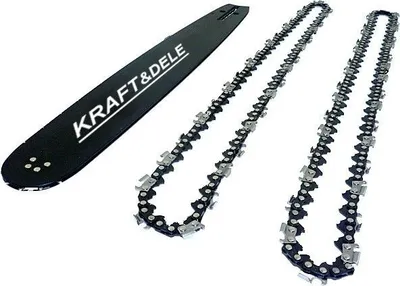 A black chainsaw guide bar and two chainsaw chains are laid out on a white background.
