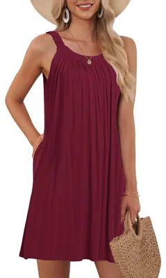 Imagen del producto de Vestido de verano para mujer, estilo halter, sin mangas, con corte a la rodilla y con bolsillos
