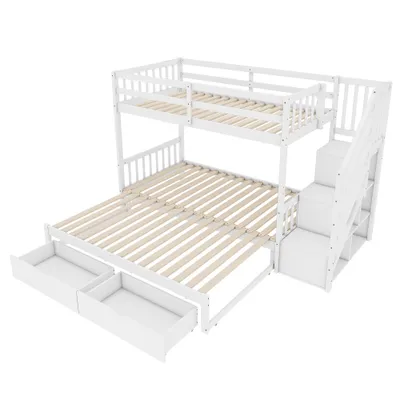 Produktbild von okwish Etagenbett Stockbett 90x200cm mit Ausziehbett und Stauraumleiter, Hochbett mit Rausfallschutz und Zwei Schubladen, Massivholzbett Kinderbett Bettgestell, Weiß