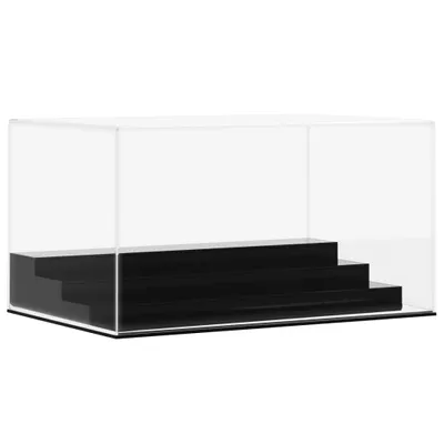 A clear studio shot of a transparent acrylic display case with a black tiered base.