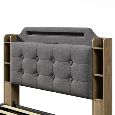 Produktbild von Flieks Hydraulisches Polsterbett 140x200cm mit Usb & Type-c, Boxspringbett Doppelbett mit Stauraum, Jugendbett mit Led, Stauraumbett Leinen, Grau