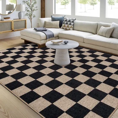 Waschbarer Teppich 160x230 cm, kariert, rutschfest, Wohnzimmer