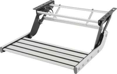 Produktbild von Eintrittsstufe für Wohnmobil/Wohnwagen - Manuell klappbare Trittstufe - Aluminiumlegierung - 200 kg Tragkraft - 44×42 cm - 12 V DC LED-Leiste - Silber