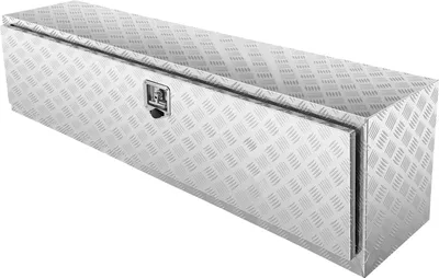 A silver aluminum diamond plate truck box with a lock is shown against a white background.