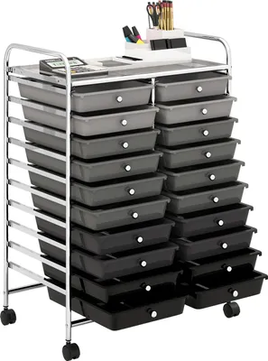 Image de COSTWAY Chariot Caisson à roulettes avec 20 tiroirs empilables & surface de rangement, Chariot à tiroirs, Chariot de salle de bain, Chariot d'appoint, Mélange noir