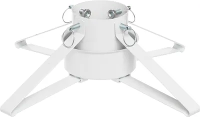 A white metal Christmas tree stand with a water reservoir is shown against a white background.