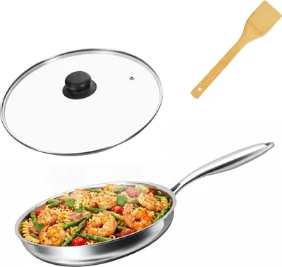 Produktbild von Bratpfanne Edelstahl 28 cm mit Glasdeckel und Pfannenwender Universalpfanne Unbeschichtet Induktion Profi Hochwertige Edelstahlpfanne 18/10 Edelstahl für alle Herdarten geeignet