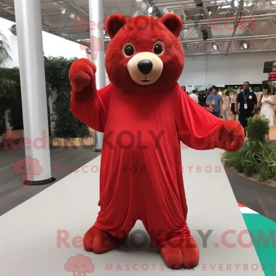 Produktbild von Maskottchenkostüm REDBROKOLY Roter Bär mit Maxikleid und Schnürsenkeln