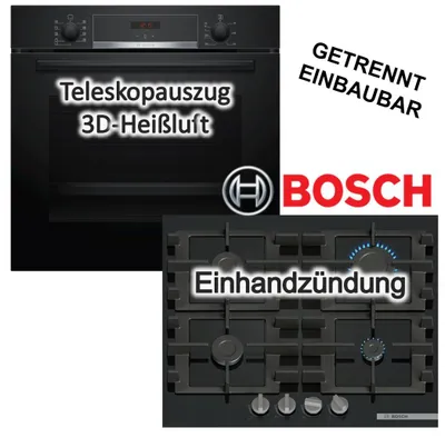 Produktbild von Herdset Bosch Backofen 3D Heißluft Hydrolyse Teleskopauszug Pizzafunktion+ Gaskochfeld GasStop Einhandzündung