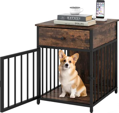 Produktbild von GOPLUS Hundekäfig Möbel, 60 cm Hundebox für zuhause, Hundehütte Metal für Haustiere mit Ladestation, abschließbare Tür, Braun+Schwarz