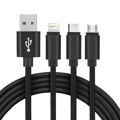 Zdjęcie produktu dla SETTY nylonowy kabel USB 3w1 microUSB, Lightning, Type-C 1m (GSM043225) czarny