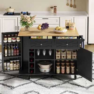 Image de Chariot de cuisine avec plan de travail rabattable, chariot de service sur roulettes, noir, 120 x 45 (70) x 89 cm