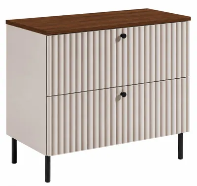 Imagen del producto de Mueble de baño de pie con encimera de 80 cm, acabado en cachemir y encimera de roble nogal, tiradores en tres colores, patas negras, dimensiones: 80 x 44,4 x 73,6 cm, Imagen generada por IA