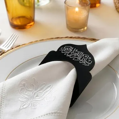 Imagen del producto de Soportes para servilletas de plexiglás de alta calidad – Diseño "Saha W Afia Sulus Kalligraphie" – Elegante decoración árabe para la mesa – Decoración para el Ramadán y Eid Mubarak – Juego de 12 unidades