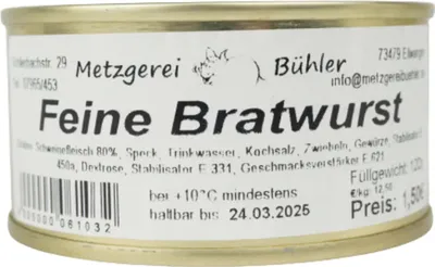 Produktbild von Feine Bratwurst Dosenwurst 120g-190g - Wurstkonserve | Metzgerei Bühler – 120g